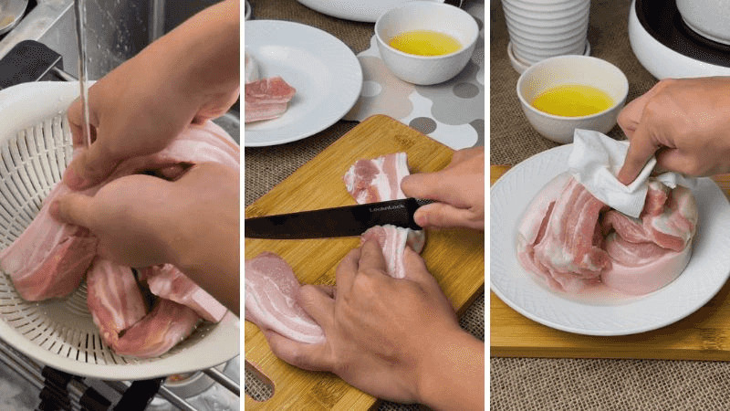 alt: Rửa sạch thịt heo với muối và chanh