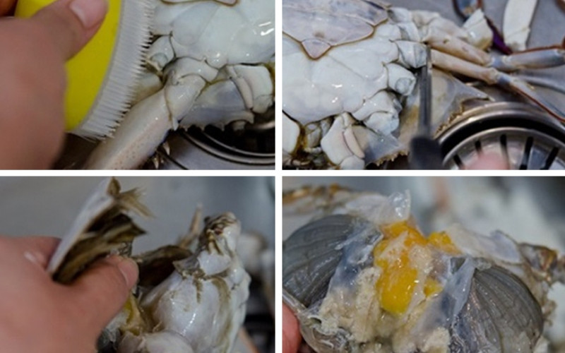 alt text: Sơ chế ghẹ bằng cách lật yếm và chọc vào chóp yếm