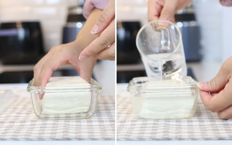 Đậu hũ trắng được bảo quản ngập nước