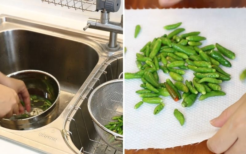 Ớt được rửa sạch và thấm khô